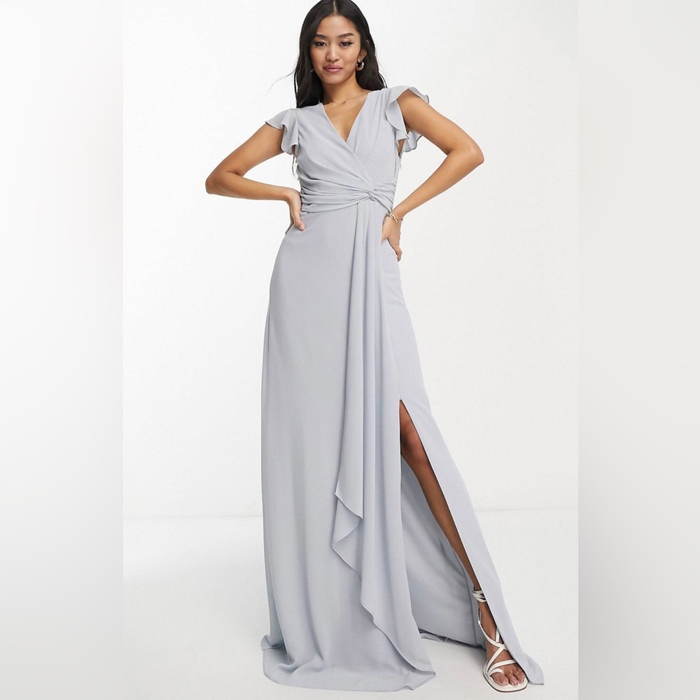 London label TFNC flutter sleeve maxi dress light grey